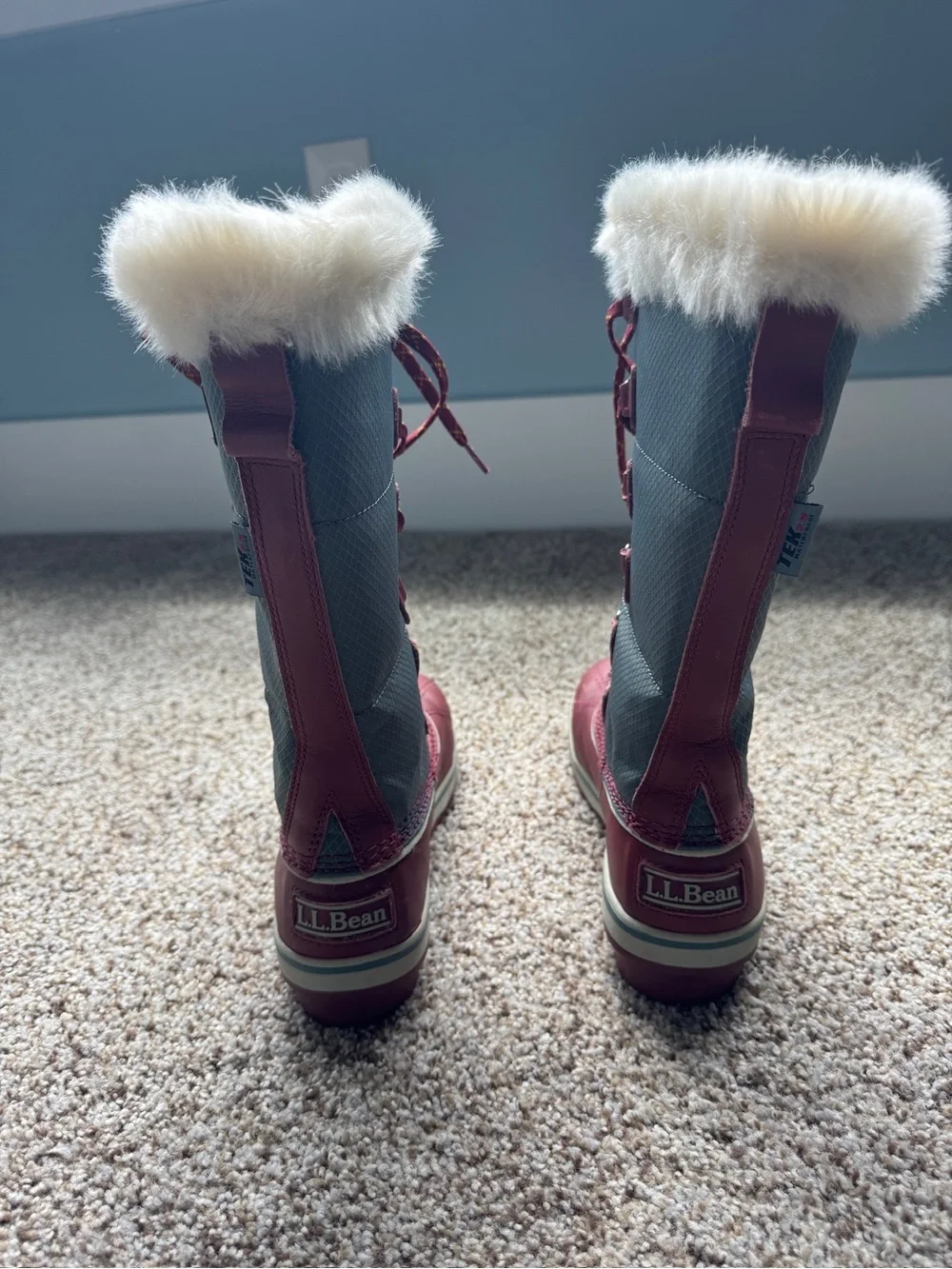 L.L. Bean Burgundy and Gray Faux-Fur Lace-Up Winter Boots